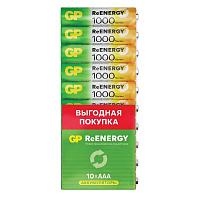 Батарейки аккумуляторные GP ReEnergy Ni-Mh мизинчиковые КОМПЛЕКТ 10 шт., ААА (HR03), 950 mAh, 100AAAHCRGY, 100AAAHC-CRB10 фото Батарейки аккумуляторные GP ReEnergy Ni-Mh мизинчиковые КОМПЛЕКТ 10 шт., ААА (HR03), 950 mAh, 100AAAHCRGY, 100AAAHC-CRB10