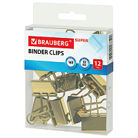 Зажимы для бумаг BRAUBERG EXTRA, КОМПЛЕКТ 12 шт., 32 мм, на 140 л., золотистые, европодвес, 229587 фото Зажимы для бумаг BRAUBERG EXTRA, КОМПЛЕКТ 12 шт., 32 мм, на 140 л., золотистые, европодвес, 229587