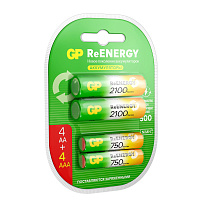 Батарейки аккумуляторные GP ReEnergy Ni-Mh НАБОР 8 шт. (ПРОМО 4+4), AA+ААА (HR6+HR03), 2000 mAh + 750 mAh, 210AAHC/75AAAHC фото Батарейки аккумуляторные GP ReEnergy Ni-Mh НАБОР 8 шт. (ПРОМО 4+4), AA+ААА (HR6+HR03), 2000 mAh + 750 mAh, 210AAHC/75AAAHC