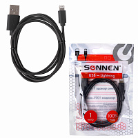 Кабель USB2.0 – Lightning, 1 м, SONNEN, медь, для передачи данных и зарядки, черный, 513116 фото Кабель USB2.0 – Lightning, 1 м, SONNEN, медь, для передачи данных и зарядки, черный, 513116