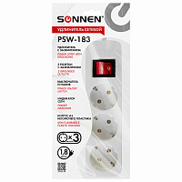 Удлинитель сетевой SONNEN PSW-183, 3 розетки c заземлением, выключатель 10 А, 1,8 м, белый, 513659 фото Удлинитель сетевой SONNEN PSW-183, 3 розетки c заземлением, выключатель 10 А, 1,8 м, белый, 513659