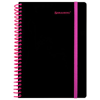 Тетрадь обложка пластик, А5 80 л., спираль пластик, резинка, клетка, BRAUBERG, черный/розовый, 405384