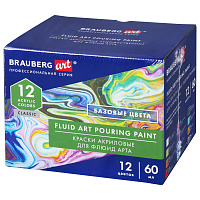 Краски акриловые для техники "Флюид Арт" (POURING PAINT), НАБОР 12 цветов по 60 мл, BRAUBERG ART CLASSIC, 192236 фото Краски акриловые для техники "Флюид Арт" (POURING PAINT), НАБОР 12 цветов по 60 мл, BRAUBERG ART CLASSIC, 192236