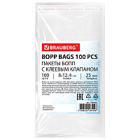 Пакеты БОПП с клеевым клапаном, КОМПЛЕКТ 100 штук, 8х12 + 4 см, 25 мкм, BRAUBERG, 700402