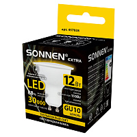 Лампа светодиодная SONNEN EXTRA, 12 (110) Вт, GU10, софит, теплый белый, 30000 ч, LED MR16-GU10-12W-2700, 457928