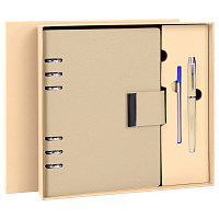 Ежедневник на кольцах в наборе с ручкой А5, 165x229 мм, BRAUBERG "Lux", под кожу, 100 листов, бежевый, 116859