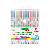 Ручки гелевые С БЛЕСТКАМИ BRAUBERG KIDS "CUTE ANIMALS", НАБОР 12 ЦВЕТОВ, корпус с печатью, узел 1 мм, линия письма 0,7 мм, 144446