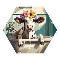 Картина по номерам на фигурном холсте ТРИ СОВЫ "Корова с цветами в ванной", форма многоугольник, с акриловыми красками и кистями