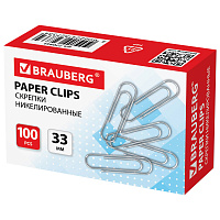 Скрепки BRAUBERG, 33 мм, никелированные, 100 шт., в картонной коробке, 270443 фото Скрепки BRAUBERG, 33 мм, никелированные, 100 шт., в картонной коробке, 270443