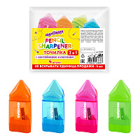 Точилка ЮНЛАНДИЯ "Карандашик" с контейнером и ластиком 2 в 1, НАБОР 4 ШТУКИ, 272508