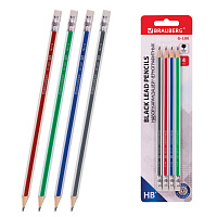 Набор карандашей чернографитных BRAUBERG "G-100" 4 шт., HB, с ластиком, корпус ассорти, 181715