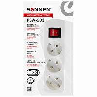 Удлинитель сетевой SONNEN PSW-503, 3 розетки c заземлением, выключатель 10 А, 5 м, белый, 513661 фото Удлинитель сетевой SONNEN PSW-503, 3 розетки c заземлением, выключатель 10 А, 5 м, белый, 513661