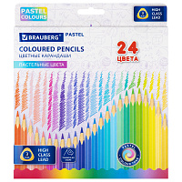 Карандаши цветные BRAUBERG PASTEL, 24 пастельных цвета, трехгранные, грифель 3 мм, натуральное дерево, 181851 фото Карандаши цветные BRAUBERG PASTEL, 24 пастельных цвета, трехгранные, грифель 3 мм, натуральное дерево, 181851