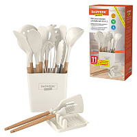 Набор силиконовых кухонных принадлежностей с деревянными ручками 13 в 1, молочный, DASWERK (ДАСВЕРК), 608196