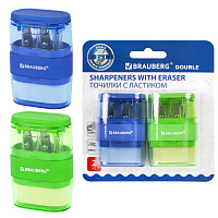 Точилки с ластиком 2 в 1 BRAUBERG "Double", НАБОР 2 ШТУКИ, 2 отверстия, синяя и зеленая, блистер, 271995