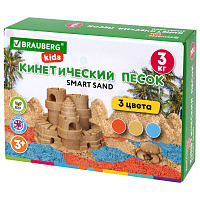 Песок для лепки кинетический, 3 цвета, 3 кг, коробка-песочница, BRAUBERG KIDS, 666009