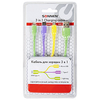 Кабель для зарядки 3 в 1 USB 2.0-Micro USB/Type-C/Lightning, 1 м, SONNEN, медь, 513562 фото Кабель для зарядки 3 в 1 USB 2.0-Micro USB/Type-C/Lightning, 1 м, SONNEN, медь, 513562