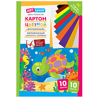 Картон цветной А4, ArtSpace, 10л., 10цв., мелованный, золото, серебро, в папке, "Волшебный. Черепашка фото Картон цветной А4, ArtSpace, 10л., 10цв., мелованный, золото, серебро, в папке, "Волшебный. Черепашка