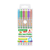 Ручки гелевые НЕОНОВЫЕ BRAUBERG KIDS "CUTE ANIMALS", НАБОР 6 ЦВЕТОВ, корпус с печатью, узел 1 мм, линия письма 0,7 мм, 144442