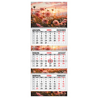 Календарь квартальный 2026 г., 3 блока, 3 гребня, бегунок, мелованная бумага, BRAUBERG EXTRA, "Цветы", 116811