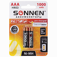 Батарейки аккумуляторные Ni-Mh мизинчиковые КОМПЛЕКТ 2 шт., AAA (HR03) 1000 mAh, SONNEN, 454237 фото Батарейки аккумуляторные Ni-Mh мизинчиковые КОМПЛЕКТ 2 шт., AAA (HR03) 1000 mAh, SONNEN, 454237