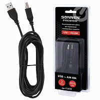 Кабель USB 2.0 AM-BM, 3 м, SONNEN Premium, медь, для подключения принтеров, сканеров, МФУ, плоттеров, экранированный, черный, 513129 фото Кабель USB 2.0 AM-BM, 3 м, SONNEN Premium, медь, для подключения принтеров, сканеров, МФУ, плоттеров, экранированный, черный, 513129