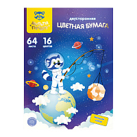 Цветная бумага офсетная А4, Мульти-Пульти, двустор., 64л., 16цв., на склейке, "Енот в космосе фото Цветная бумага офсетная А4, Мульти-Пульти, двустор., 64л., 16цв., на склейке, "Енот в космосе
