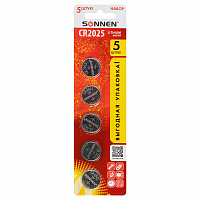 Батарейки литиевые SONNEN Lithium CR2025, "таблетки, дисковые, кнопочные", КОМПЛЕКТ 5 шт., блистер, 457140 фото Батарейки литиевые SONNEN Lithium CR2025, "таблетки, дисковые, кнопочные", КОМПЛЕКТ 5 шт., блистер, 457140