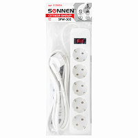 Сетевой фильтр SONNEN SPW-305, 5 розеток с заземлением, выключатель, 10 А, 3 м, белый, 513654 фото Сетевой фильтр SONNEN SPW-305, 5 розеток с заземлением, выключатель, 10 А, 3 м, белый, 513654