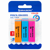 Ластики BRAUBERG "Color", НАБОР 3 штуки, 55х15х13 мм, прямоугольные, скошенные, блистер, 272672 фото Ластики BRAUBERG "Color", НАБОР 3 штуки, 55х15х13 мм, прямоугольные, скошенные, блистер, 272672