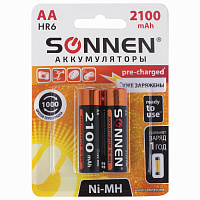 Батарейки аккумуляторные Ni-Mh пальчиковые КОМПЛЕКТ 2 шт., АА (HR6) 2100 mAh, SONNEN, 454234 фото Батарейки аккумуляторные Ni-Mh пальчиковые КОМПЛЕКТ 2 шт., АА (HR6) 2100 mAh, SONNEN, 454234
