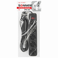 Сетевой фильтр SONNEN SPB-305, 5 розеток с заземлением, выключатель, 10 А, 3 м, черный, 513657 фото Сетевой фильтр SONNEN SPB-305, 5 розеток с заземлением, выключатель, 10 А, 3 м, черный, 513657