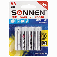 Батарейки КОМПЛЕКТ 4 шт., SONNEN Alkaline, АА (LR6, 15А), алкалиновые, пальчиковые, блистер, 451085 фото Батарейки КОМПЛЕКТ 4 шт., SONNEN Alkaline, АА (LR6, 15А), алкалиновые, пальчиковые, блистер, 451085