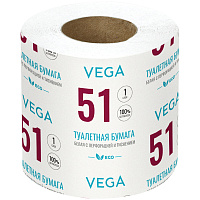 Бумага туалетная Vega, 1-слойная, 51м/рул., на втулке, с перф., с тиснением, белая фото Бумага туалетная Vega, 1-слойная, 51м/рул., на втулке, с перф., с тиснением, белая