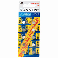 Батарейки алкалиновые "таблетка" КОМПЛЕКТ 10 шт., SONNEN Alkaline, 192A (G3, LR41), в блистере, 457134 фото Батарейки алкалиновые "таблетка" КОМПЛЕКТ 10 шт., SONNEN Alkaline, 192A (G3, LR41), в блистере, 457134