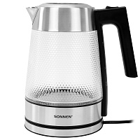 Чайник электрический SONNEN KT-1809, 1,8л, 2200 Вт, термостойкое стекло текстура ромб, внутренняя подсветка синяя, нержавеющая сталь, 455142