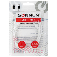 Кабель USB2.0 – Type-C, 1 м, SONNEN, медь, для передачи данных и зарядки, белый, 513558 фото Кабель USB2.0 – Type-C, 1 м, SONNEN, медь, для передачи данных и зарядки, белый, 513558