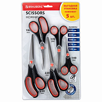 Ножницы BRAUBERG SOFT GRIP НАБОР 5 штук (140, 170, 190, 220, 240 мм), эргономичные черно-красные ручки, ВЫГОДНАЯ УПАКОВКА, 238410 фото Ножницы BRAUBERG SOFT GRIP НАБОР 5 штук (140, 170, 190, 220, 240 мм), эргономичные черно-красные ручки, ВЫГОДНАЯ УПАКОВКА, 238410