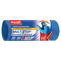 Мешки для мусора, 35 л, с ушками, синие, рулон 30 шт., ПНД, 10,5 мкм, 50х64 см, PACLAN "Multitop