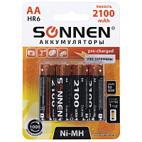 Батарейки аккумуляторные Ni-Mh пальчиковые КОМПЛЕКТ 4 шт., АА (HR6) 2100 mAh, SONNEN, 455606 фото Батарейки аккумуляторные Ni-Mh пальчиковые КОМПЛЕКТ 4 шт., АА (HR6) 2100 mAh, SONNEN, 455606