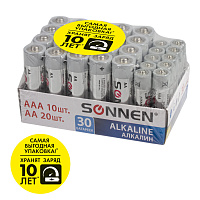 Батарейки КОМПЛЕКТ 30 (20+10) шт., SONNEN Alkaline, AA+ААА (LR6+LR03), в коробке, 455097 фото Батарейки КОМПЛЕКТ 30 (20+10) шт., SONNEN Alkaline, AA+ААА (LR6+LR03), в коробке, 455097