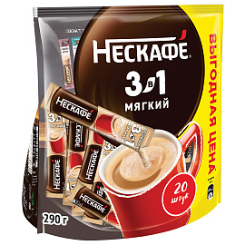 Кофе растворимый порционный NESCAFE "3 в 1 Мягкий", КОМПЛЕКТ 20 пакетиков по 14,5 г, 12460876