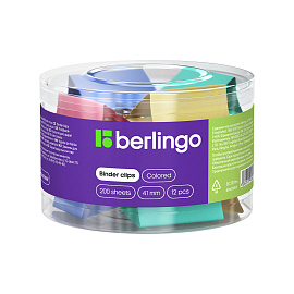Зажимы для бумаг 41мм, Berlingo, 12шт., цветные, пластиковый тубус