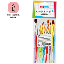 Набор кистей ArtSpace 10шт., пони, щетина, нейлон, круглые, плоские, пакет, европодвес фото Набор кистей ArtSpace 10шт., пони, щетина, нейлон, круглые, плоские, пакет, европодвес