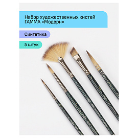 Набор художественных кистей синтетика Гамма "Модерн", 5шт., круглые №3,8, веерная № 6, плоская скошенная №5, круглая №6 французское крепление, блистер