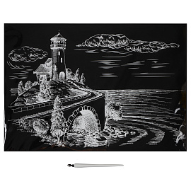 Гравюра с эффектом золота ТРИ СОВЫ "Дом с маяком", А3 фото Гравюра с эффектом золота ТРИ СОВЫ "Дом с маяком", А3