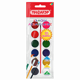Краски акварельные ПИФАГОР "СОЛНЫШКО", 12 цветов, круглые кюветы, пенал, 192635