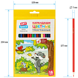 Карандаши цветные ArtSpace "Лесные жители", 18цв., трехгран., заточен., картон. уп., европодвес