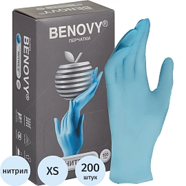 Перчатки медицинские смотровые нитриловые Benovy текстурированные нестерильные неопудренные размер XS (5-6) голубые (100 пар/200 штук в упаковке)