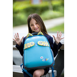 Ранец Комус Класс (№1 School) Котик с рыбкой анатомический серый с двумя отделениями